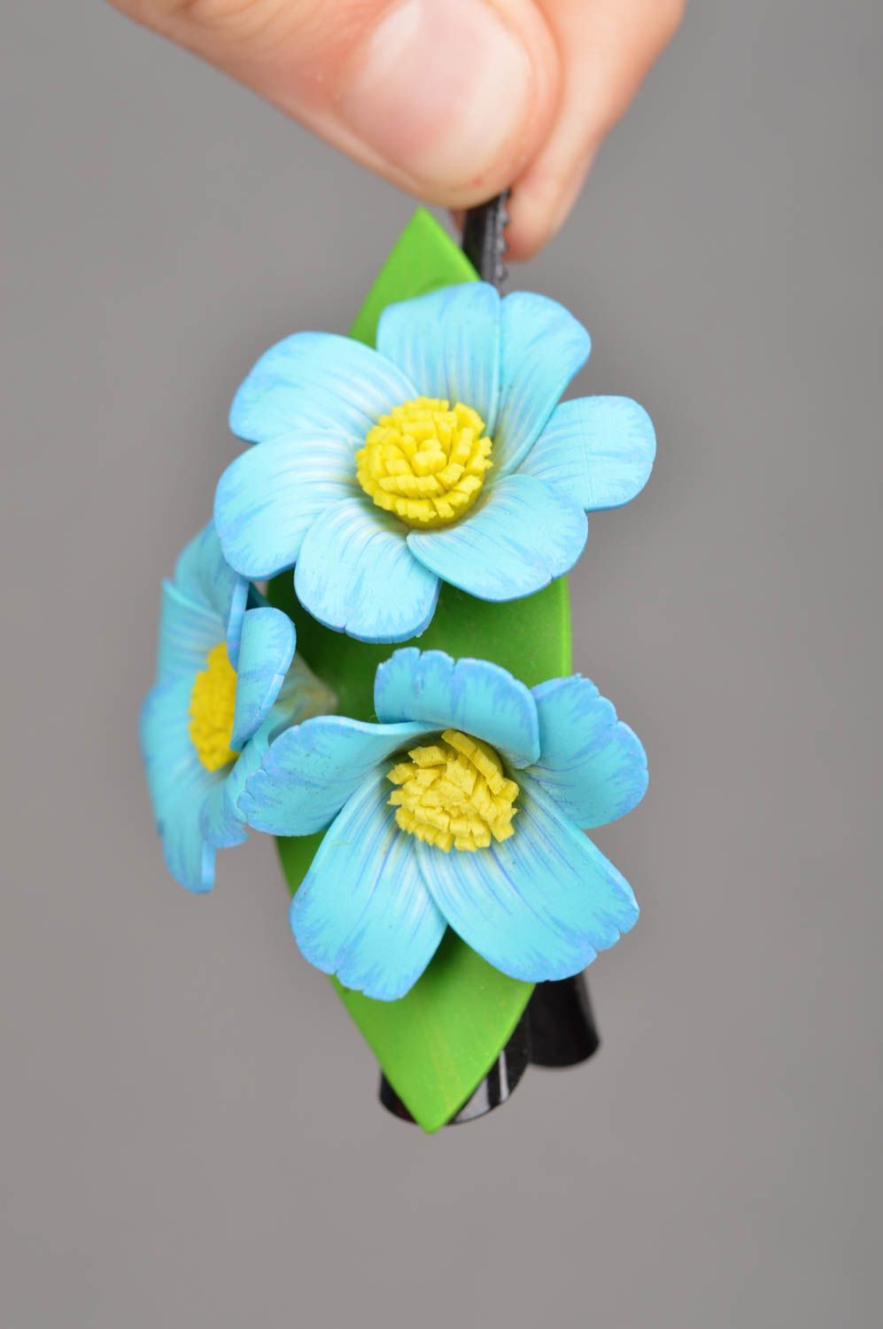 Medium handmade hair clip with flowers made of polymer clay Forget-me-not photo 2