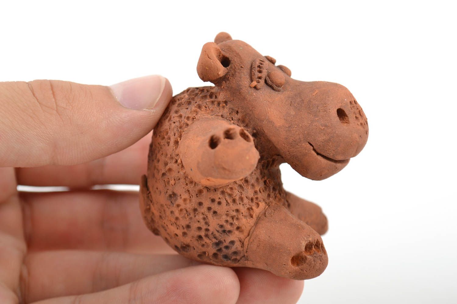 Small handmade collectible painted clay figurine of brown hippo photo 2