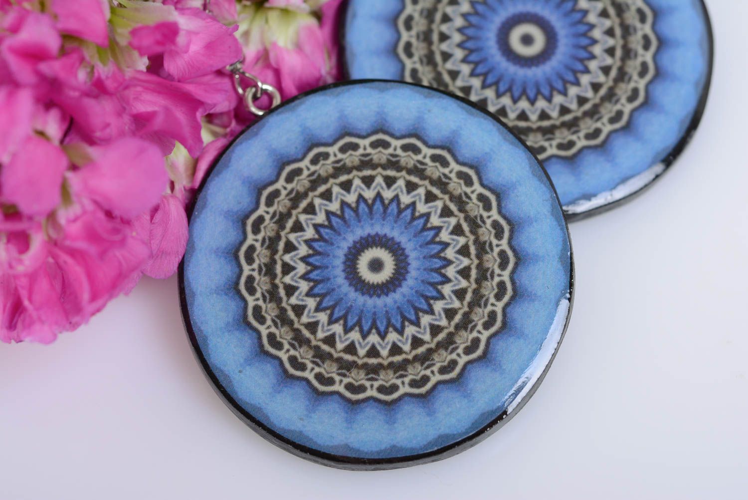 Round earrings in ethnic style made of polymer clay with blue ornament  photo 2