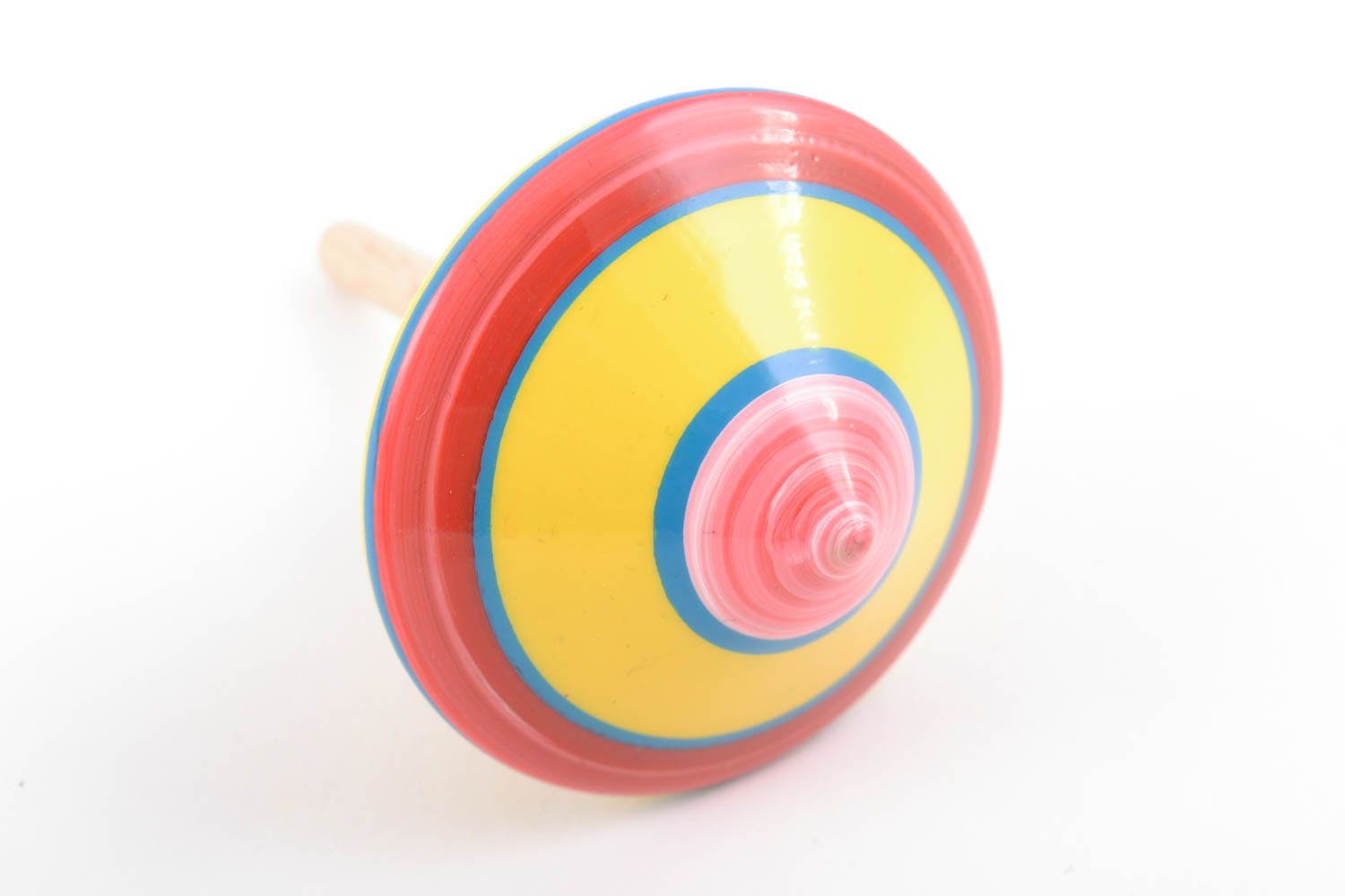 Wooden yellow handmade spinning top toy painted with eco dyes for children  photo 4
