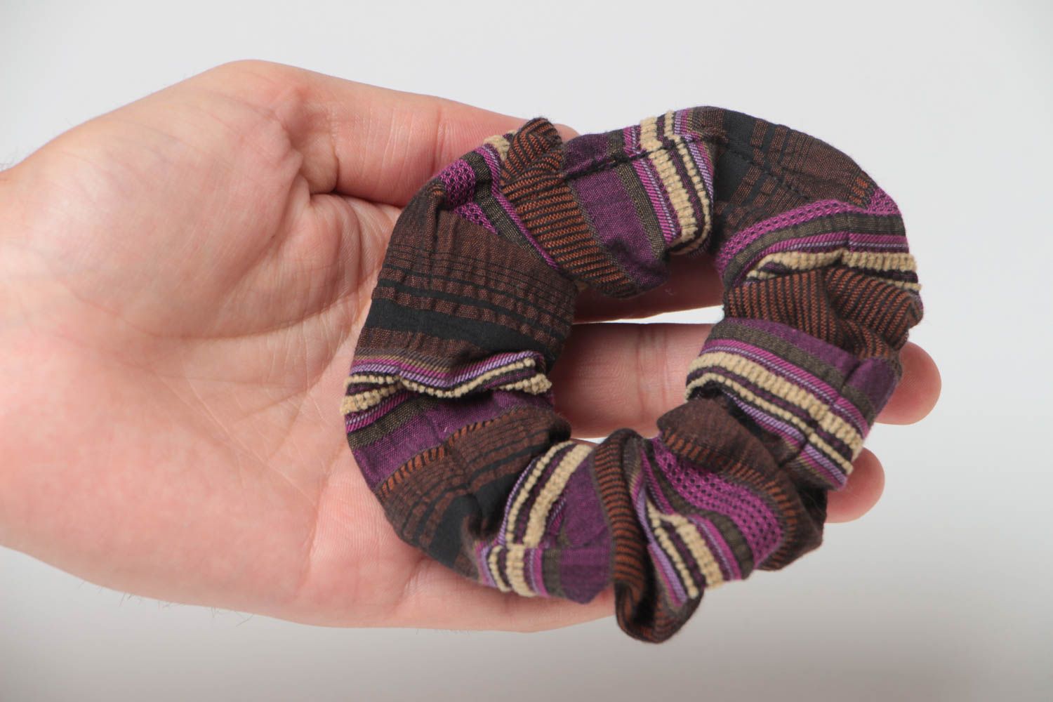 Handmade decorative elastic hair band sewn of dark striped brown fabric photo 5