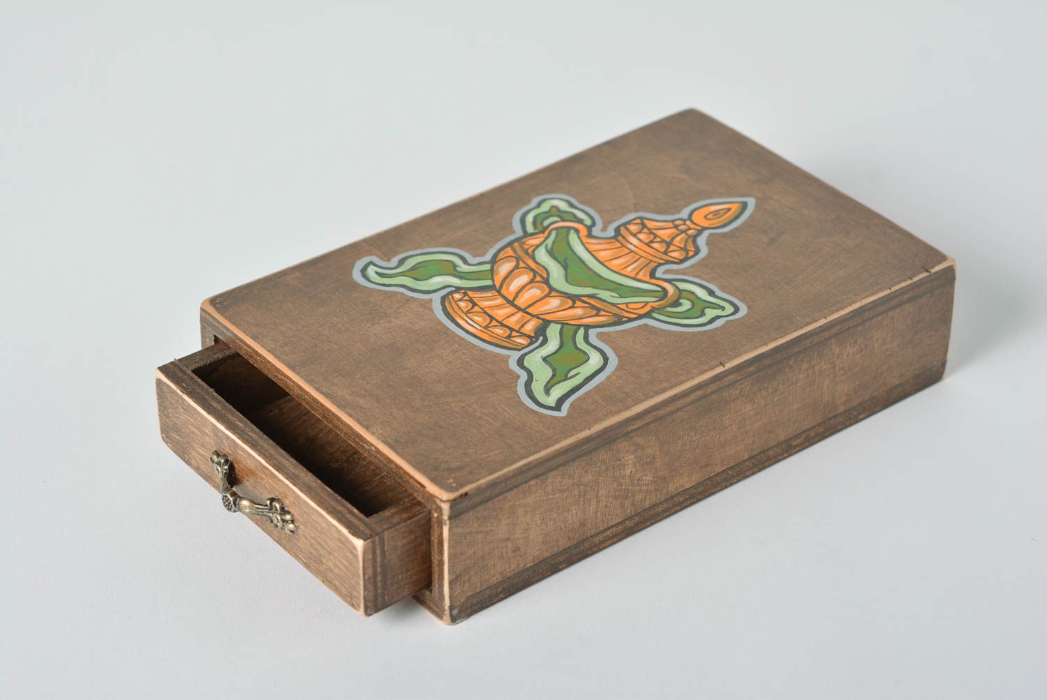 Handgemachte Holz Schatulle mit Bemalung samt Schublade für Geld oder Papiere foto 1