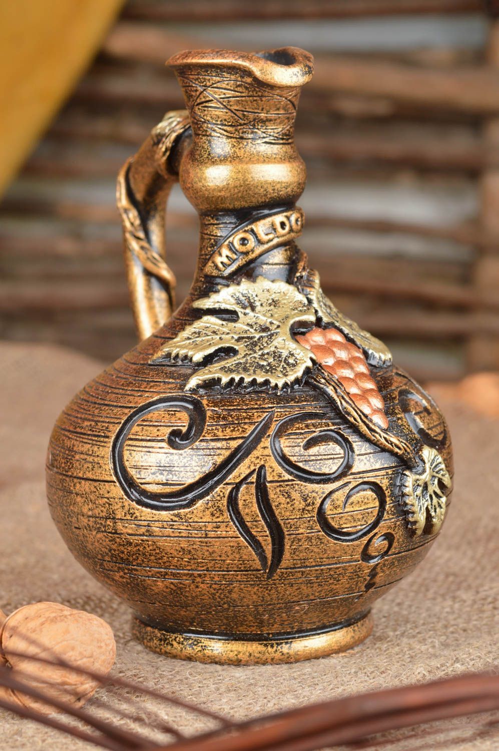 15 oz handmade ceramic wine decanter in gold color with handle and molded grapes 1,3 lb photo 1