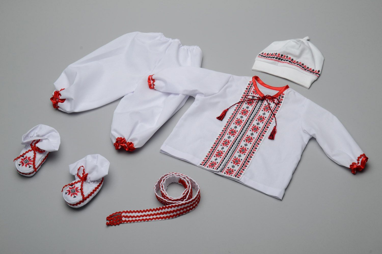 Set of handmade ethnic clothes for baby boy embroidered shirt pants hat shoes belt photo 1