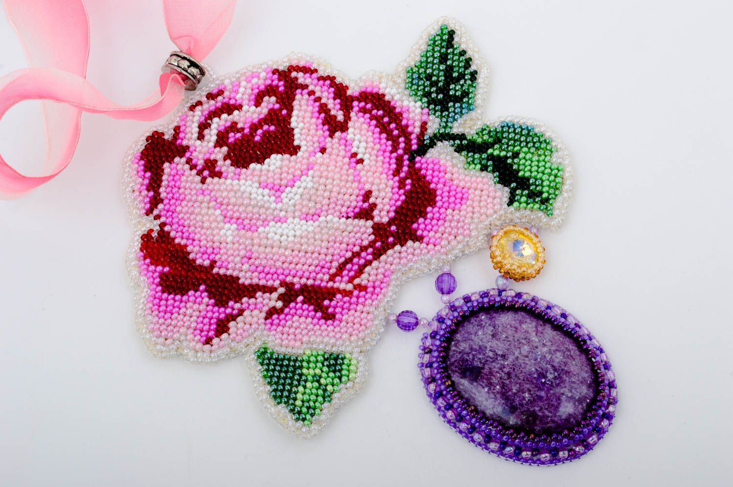 Handmade Damen Collier Glasperlen Schmuck massiv Geschenk für Frauen Rose foto 3