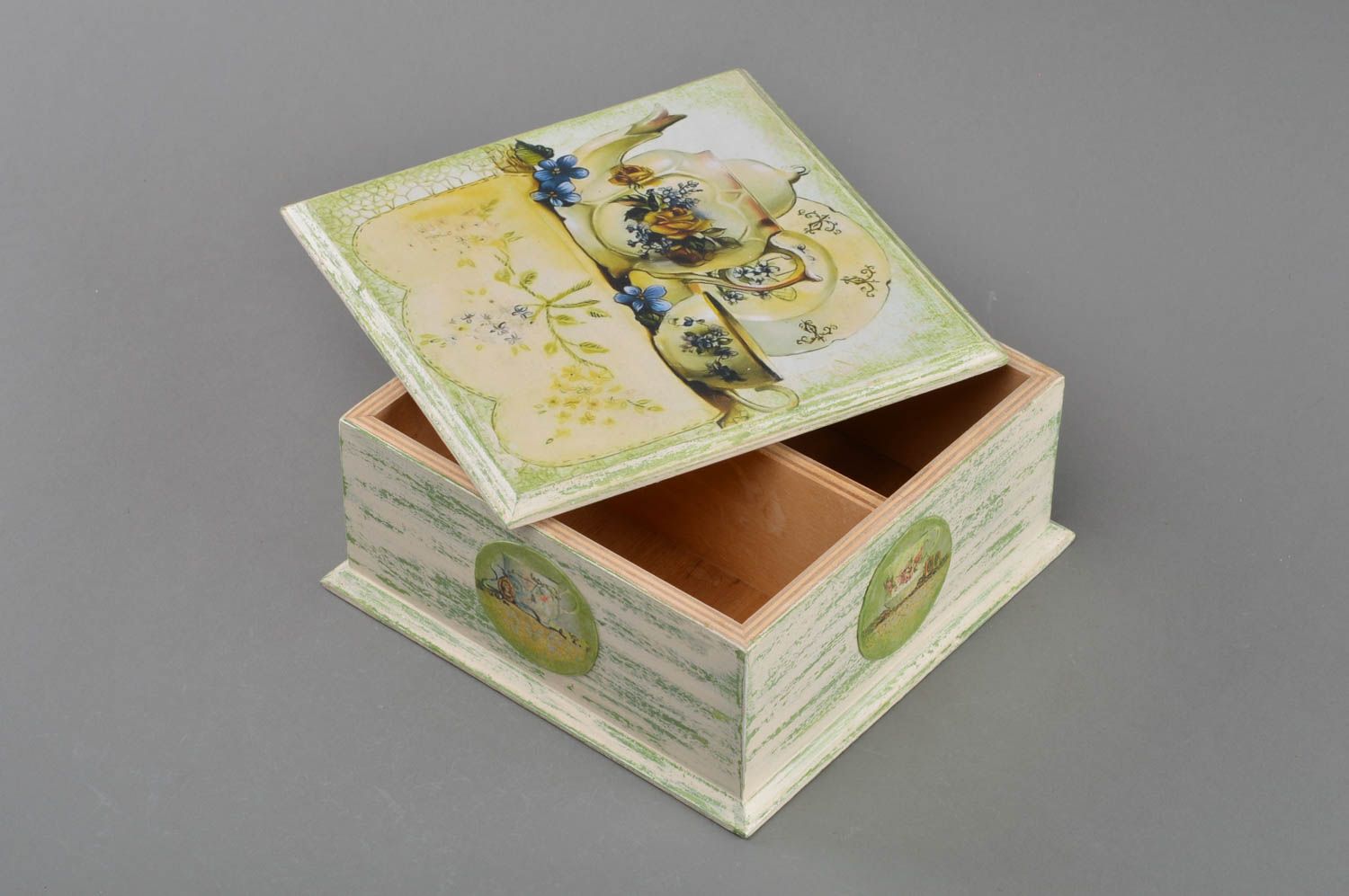 Boîte à thé compartimentée en bois faite main en serviettage originale photo 2