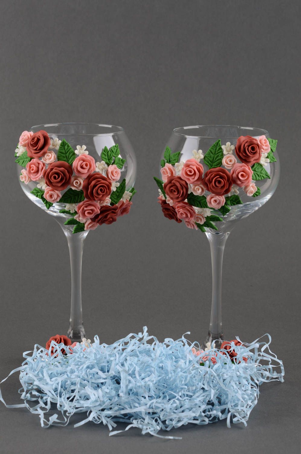 Coupes à champagne fait main Vaisselle en verre Cadeau mariage avec roses 2 pcs photo 1