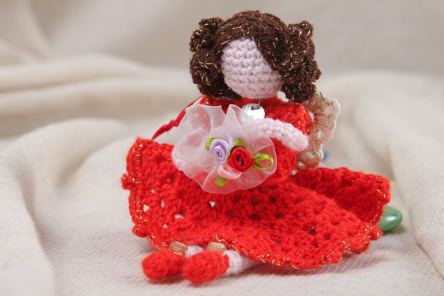 Handmade soft doll crocheted of cotton and acrylic threads girl in red dress photo 5