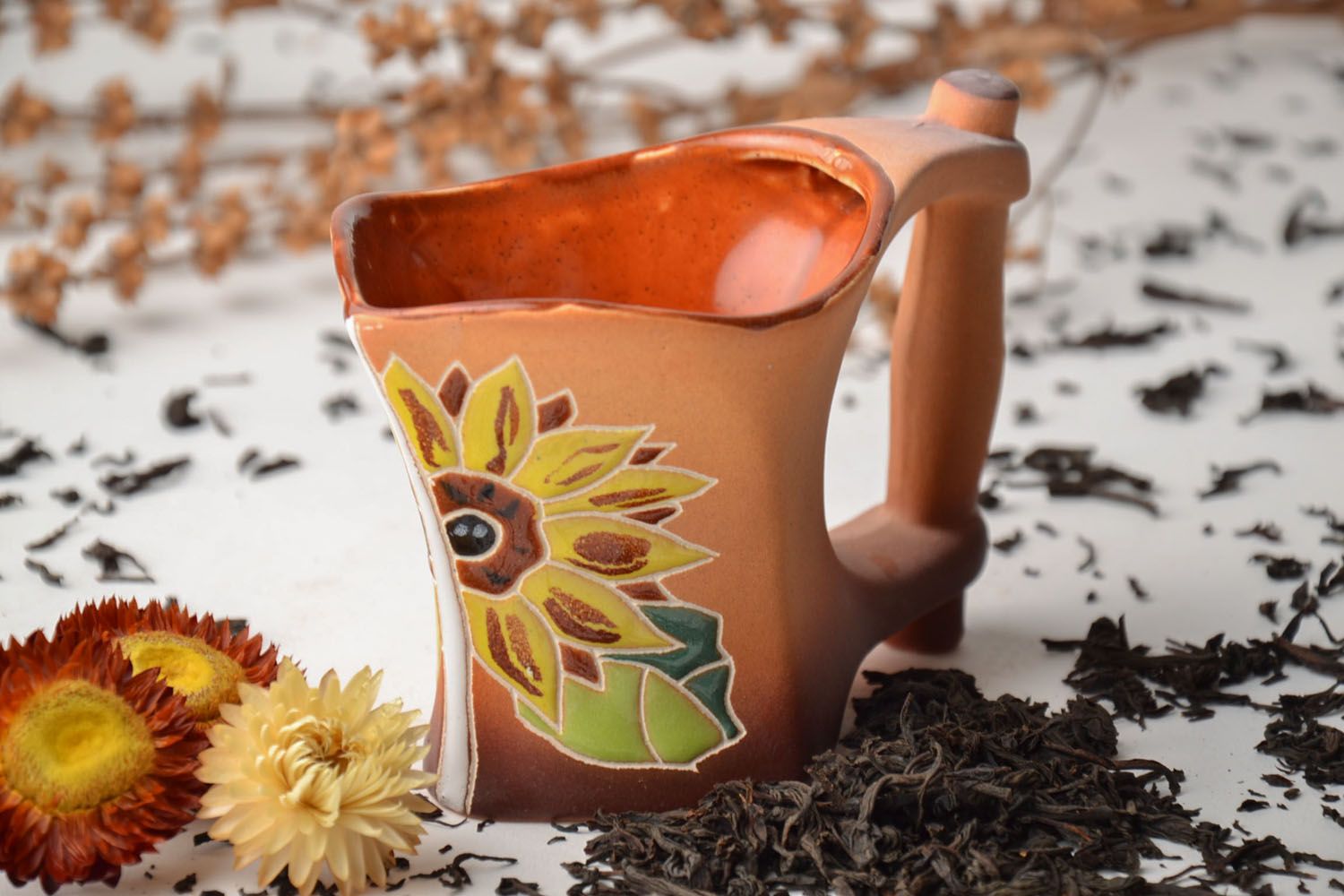 Ceramic cup with handle and Sunflower painting 0,63 lb photo 1