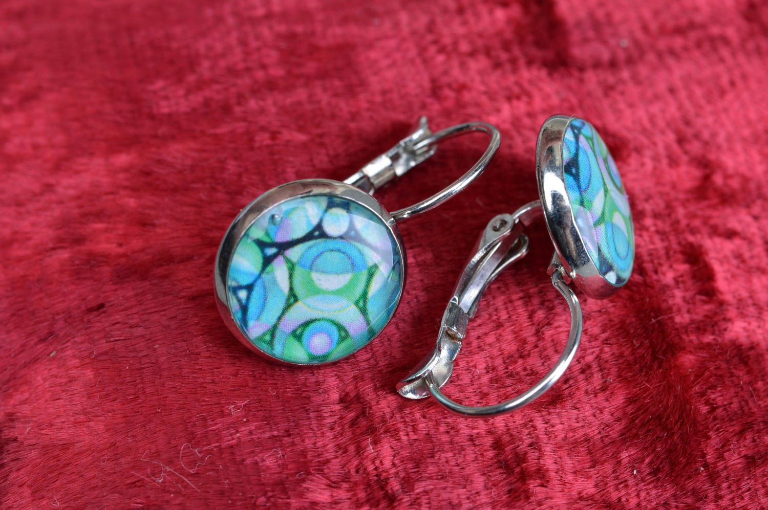 Unusual handmade designer round blue decoupage earrings photo 3
