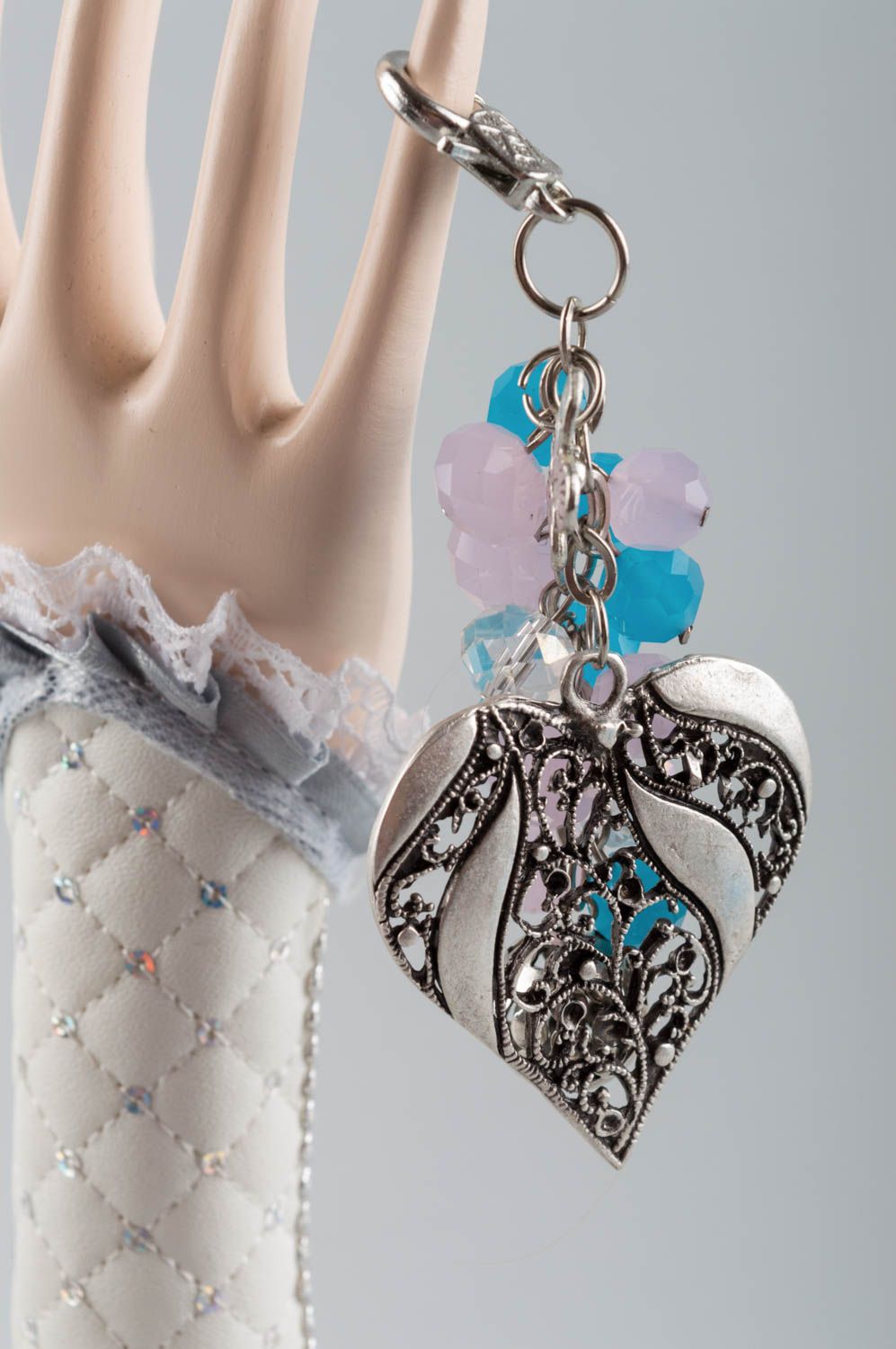 Beautiful handmade metal keychain with glass beads and heart shaped charm photo 1