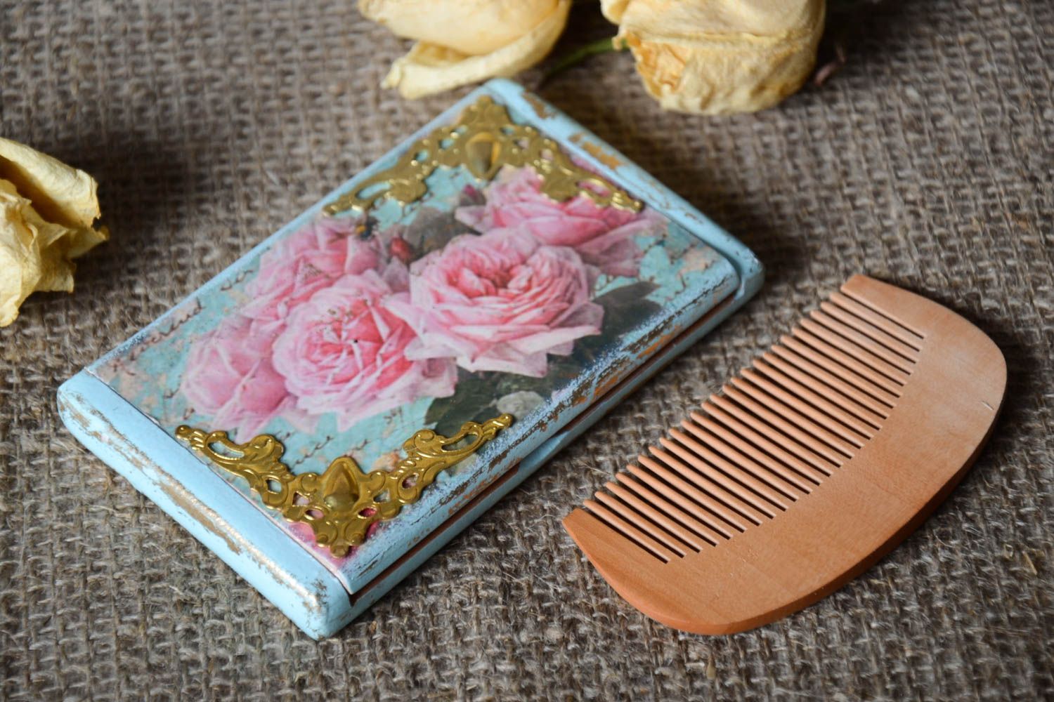 Set of handmade women accessories wooden hair comb hand mirror with decoupage photo 1