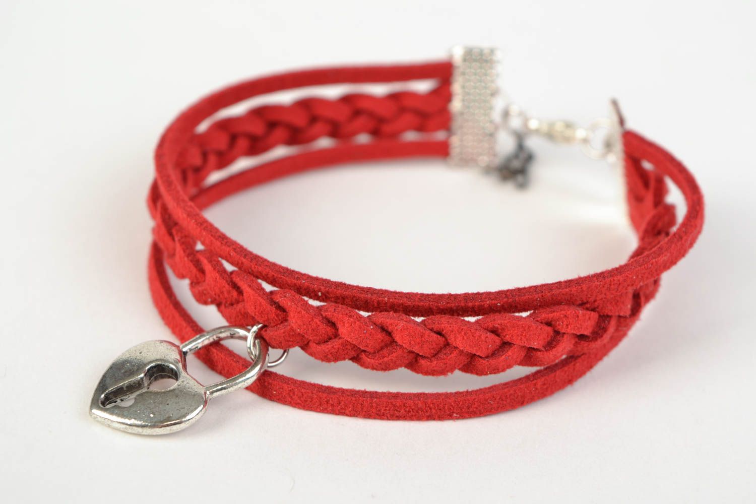 Stylish red handmade woven suede bracelet with metal heart shaped charm photo 3