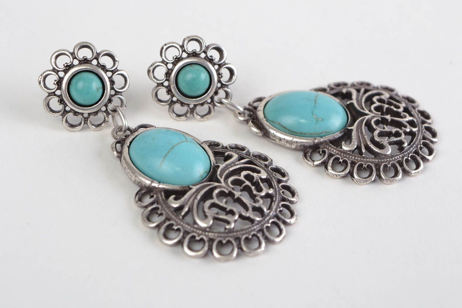 Large handmade elegant metal earrings with turquoise stone photo 2