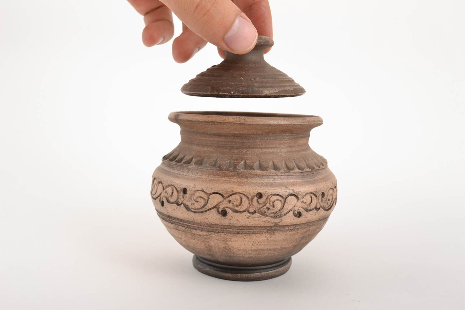 Handmade small pottery ceramic decorative pot with lid for 250 ml photo 2