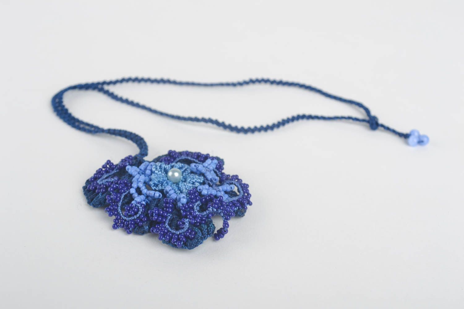 Handmade jewelry blue flower pendant beaded designer pendant cute present photo 4