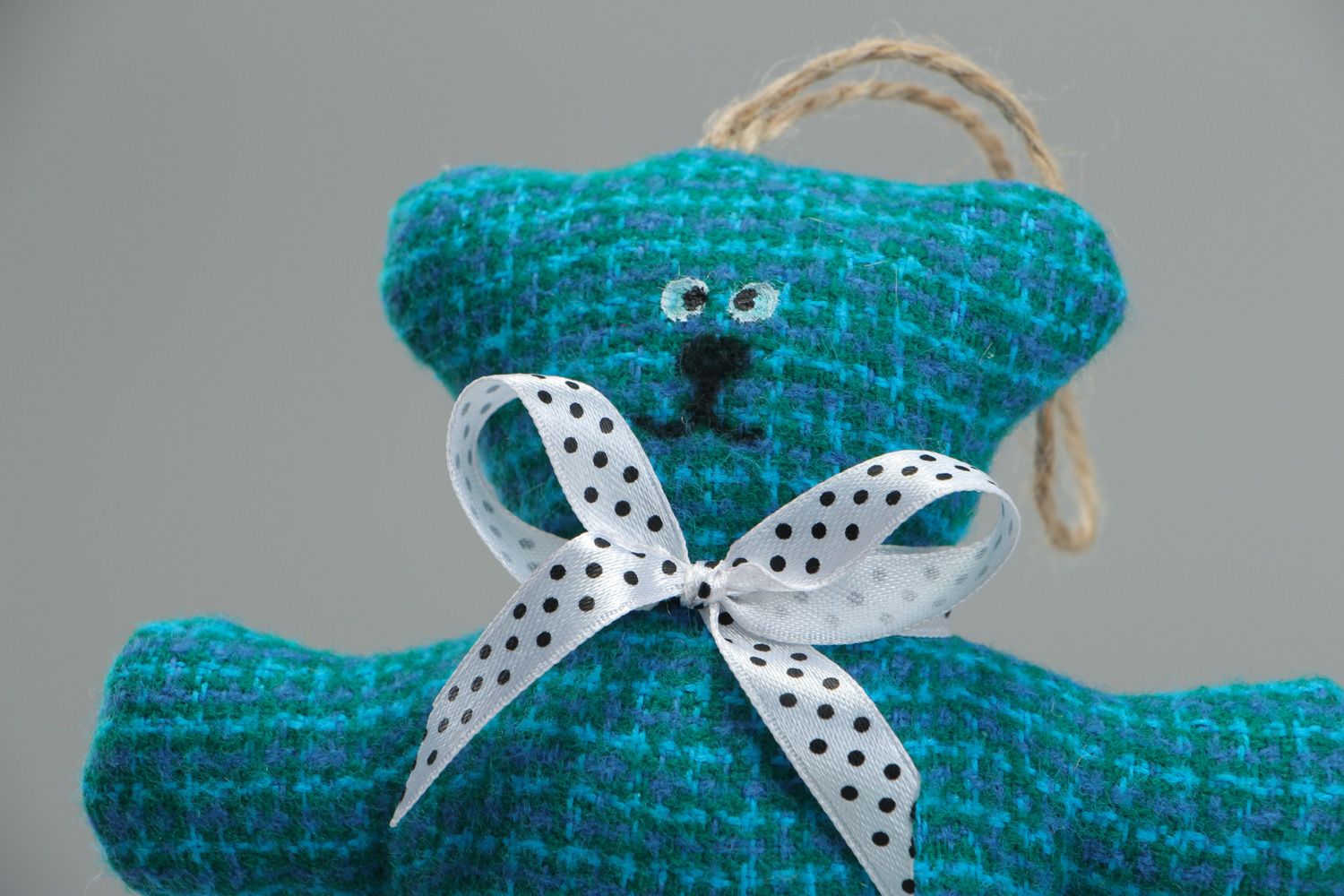 Cute handmade soft toy bear sewn of fabric of turquoise color with eyelet photo 2