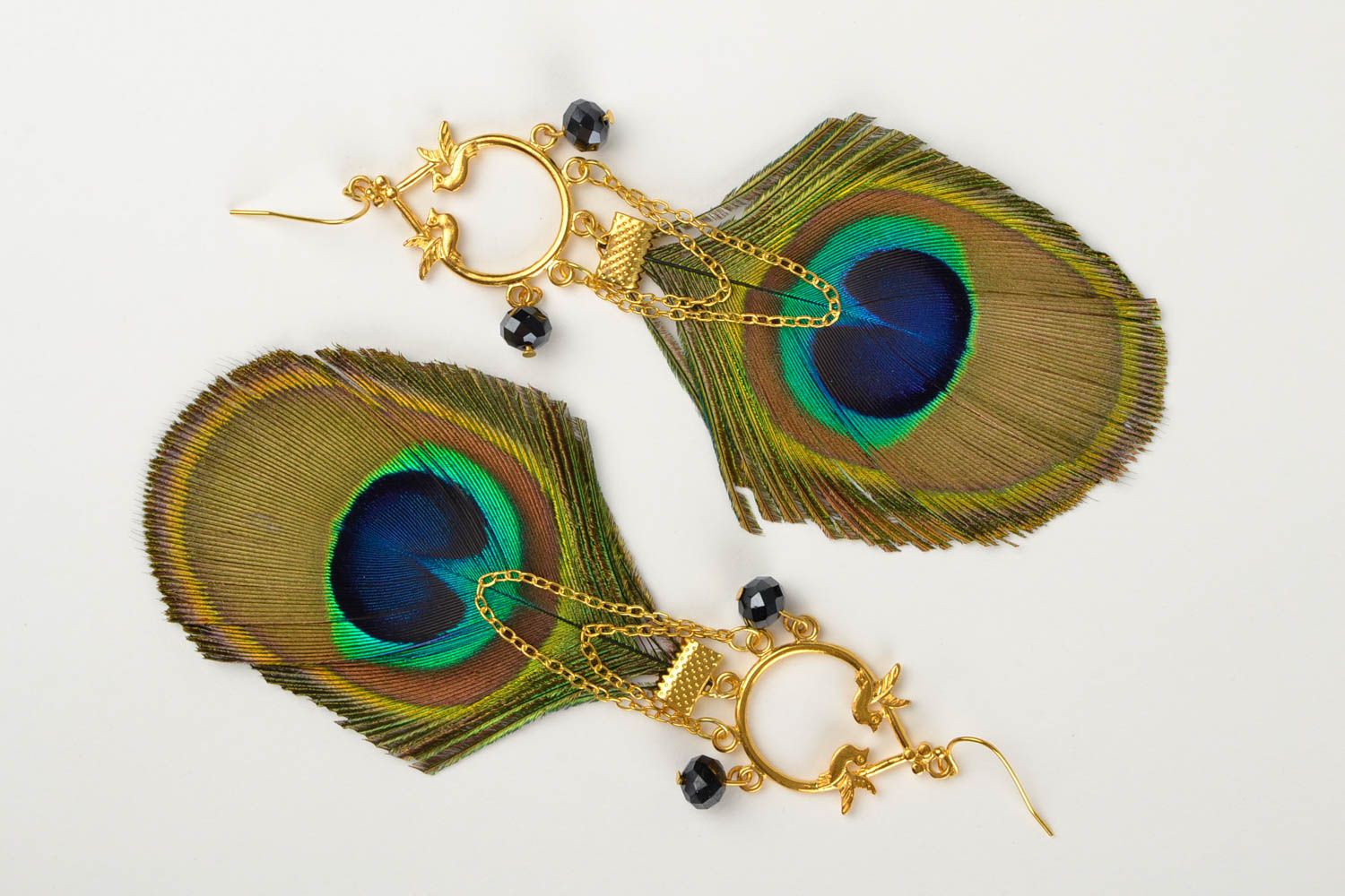 Handmade peacock feather earrings unique designer jewelry stylish present photo 3
