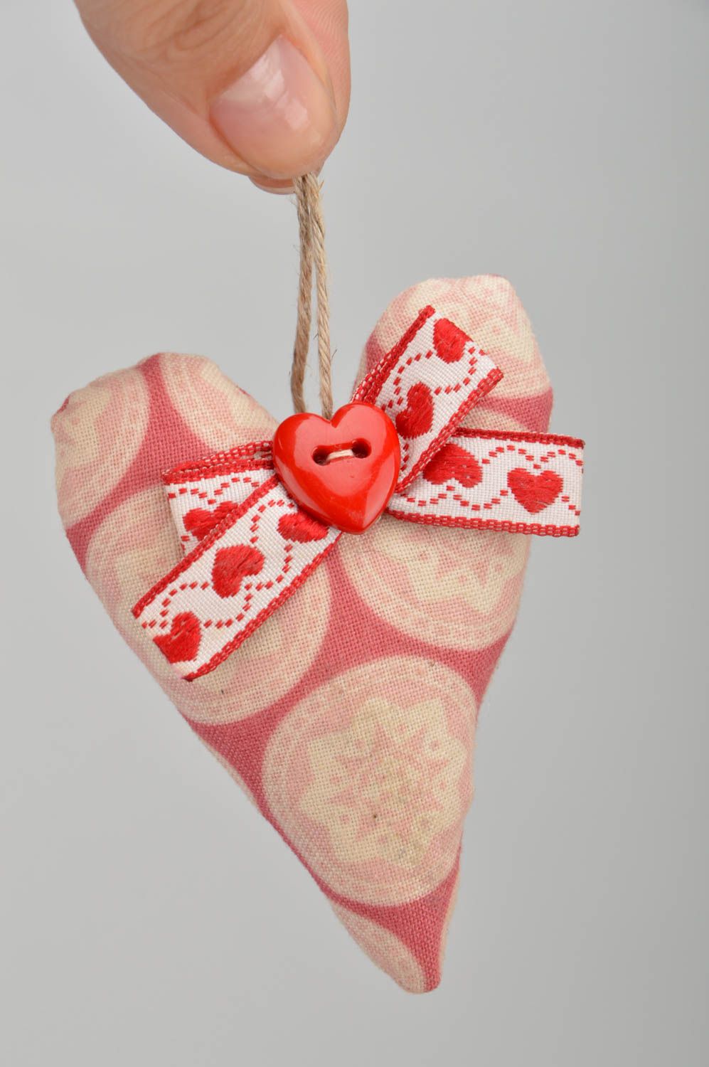 Handmade decorative wall hanging soft heart sewn of fabric with vanilla aroma photo 2