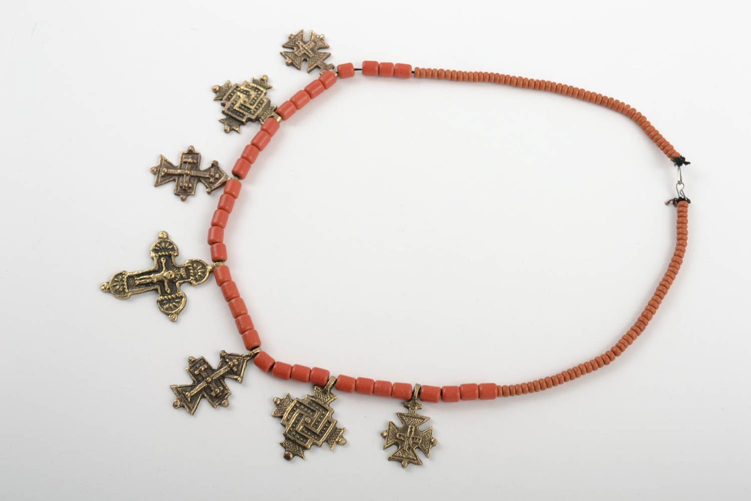 Unusual beautiful handmade designer coral bead necklace with crosses photo 2