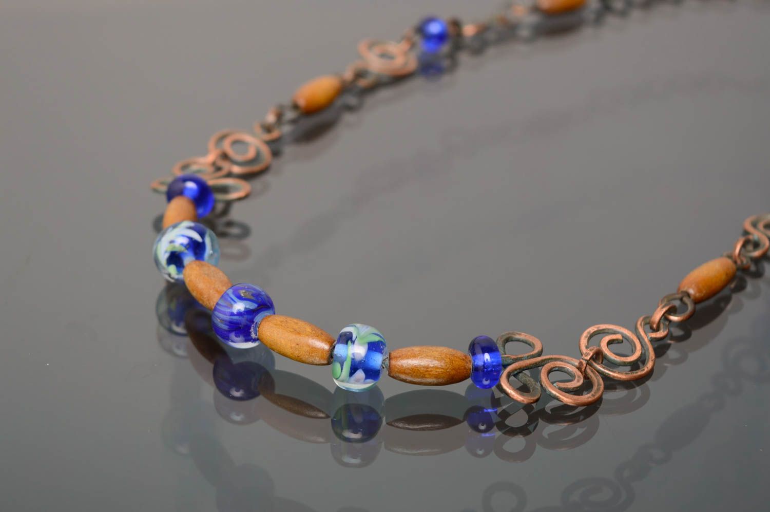 Wire wrap necklace with designer lampwork and wooden beads Venice photo 4