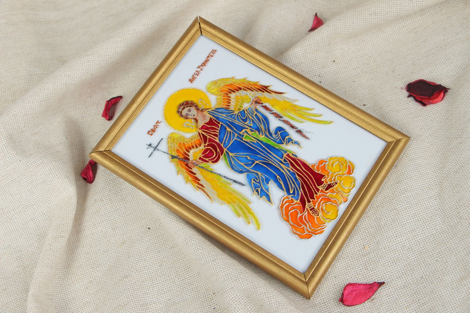 Икона Ангела Хранителя стеклянная разноцветная в раме витражная роспись  фото 5