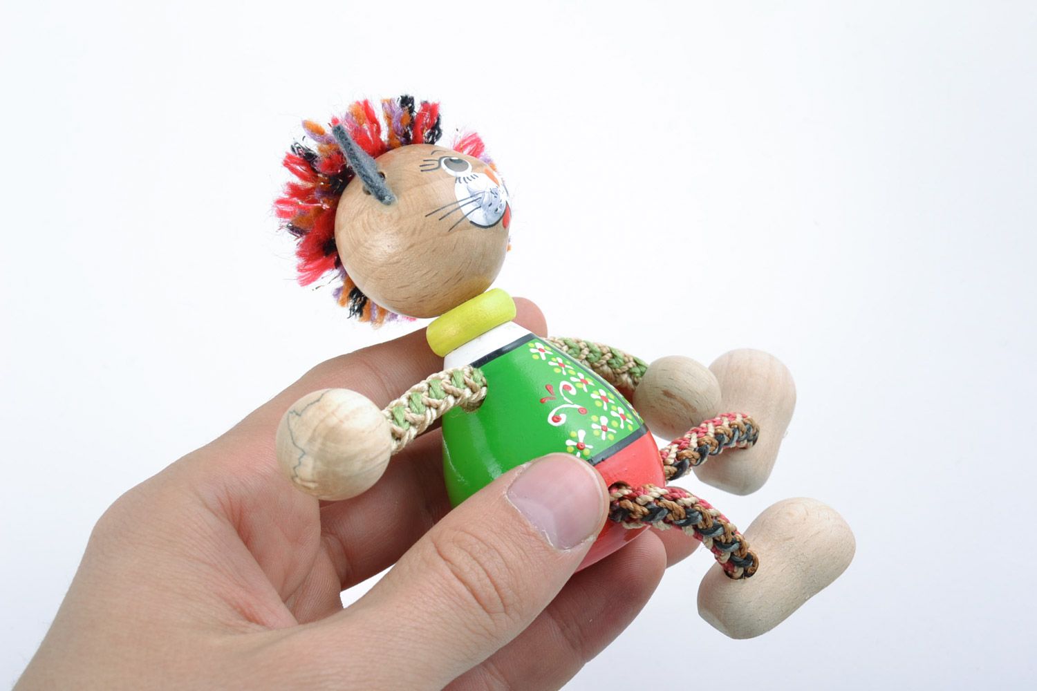 Beautiful painted handmade wooden eco toy Cat in ethnic clothes for children photo 2