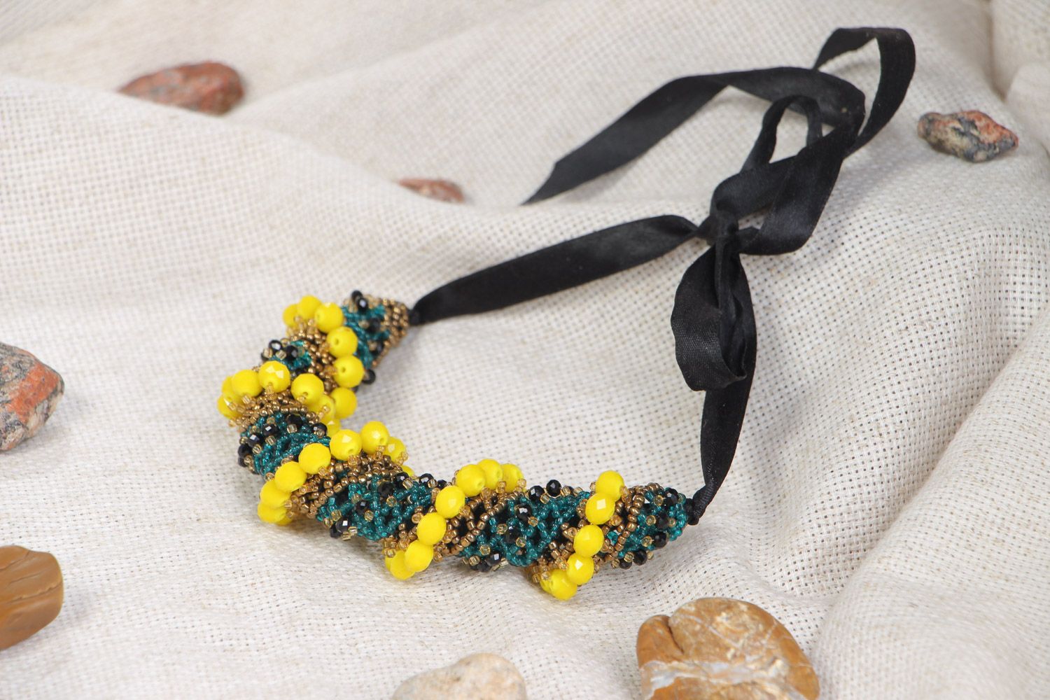 Unusual handmade beaded multicolor necklace with ribbon beautiful jewelry photo 1