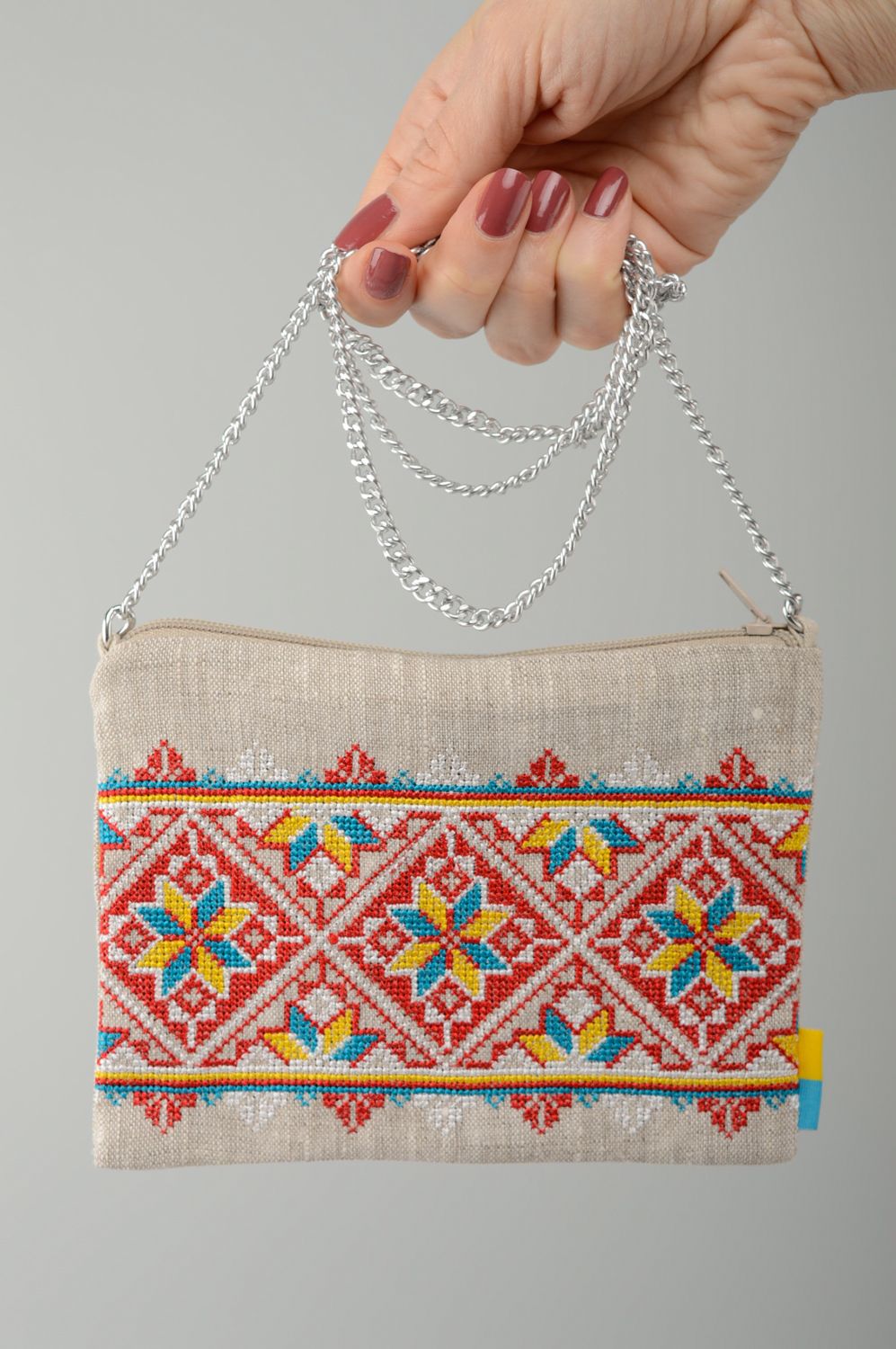 Ethnic cross stitch embroidered linen clutch bag photo 2