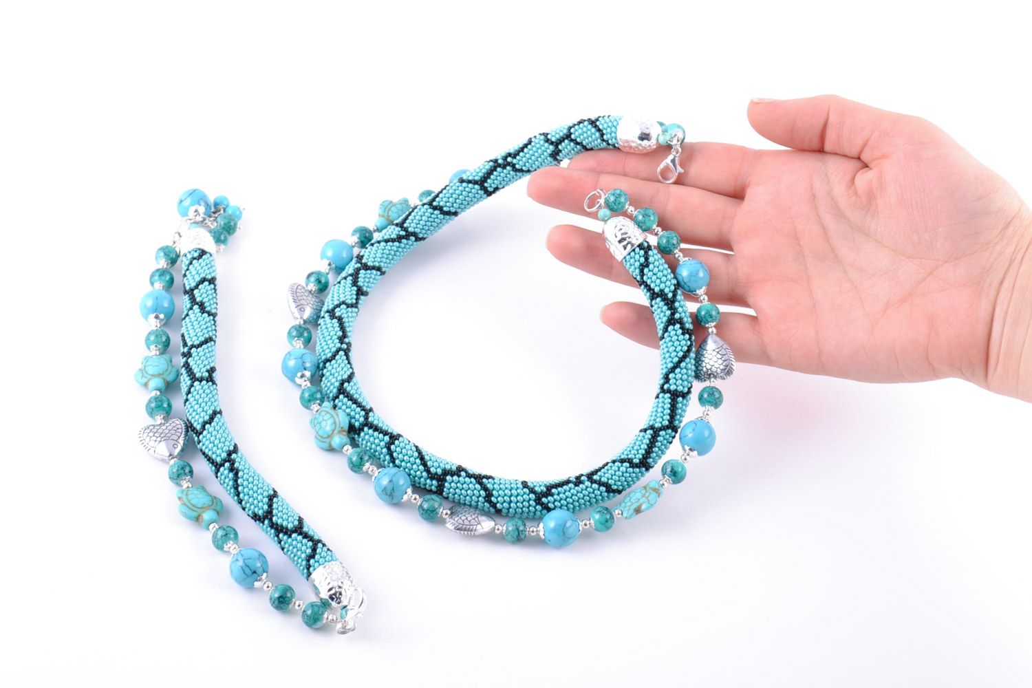 Handmade beaded jewelry set with natural turquoise stone 2 items beaded cord necklace and bracelet photo 2