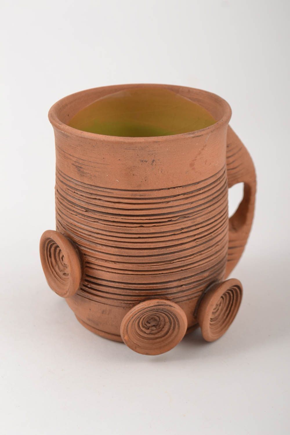 Art clay cup for tea or coffee 6 oz in light brown color and handle photo 3