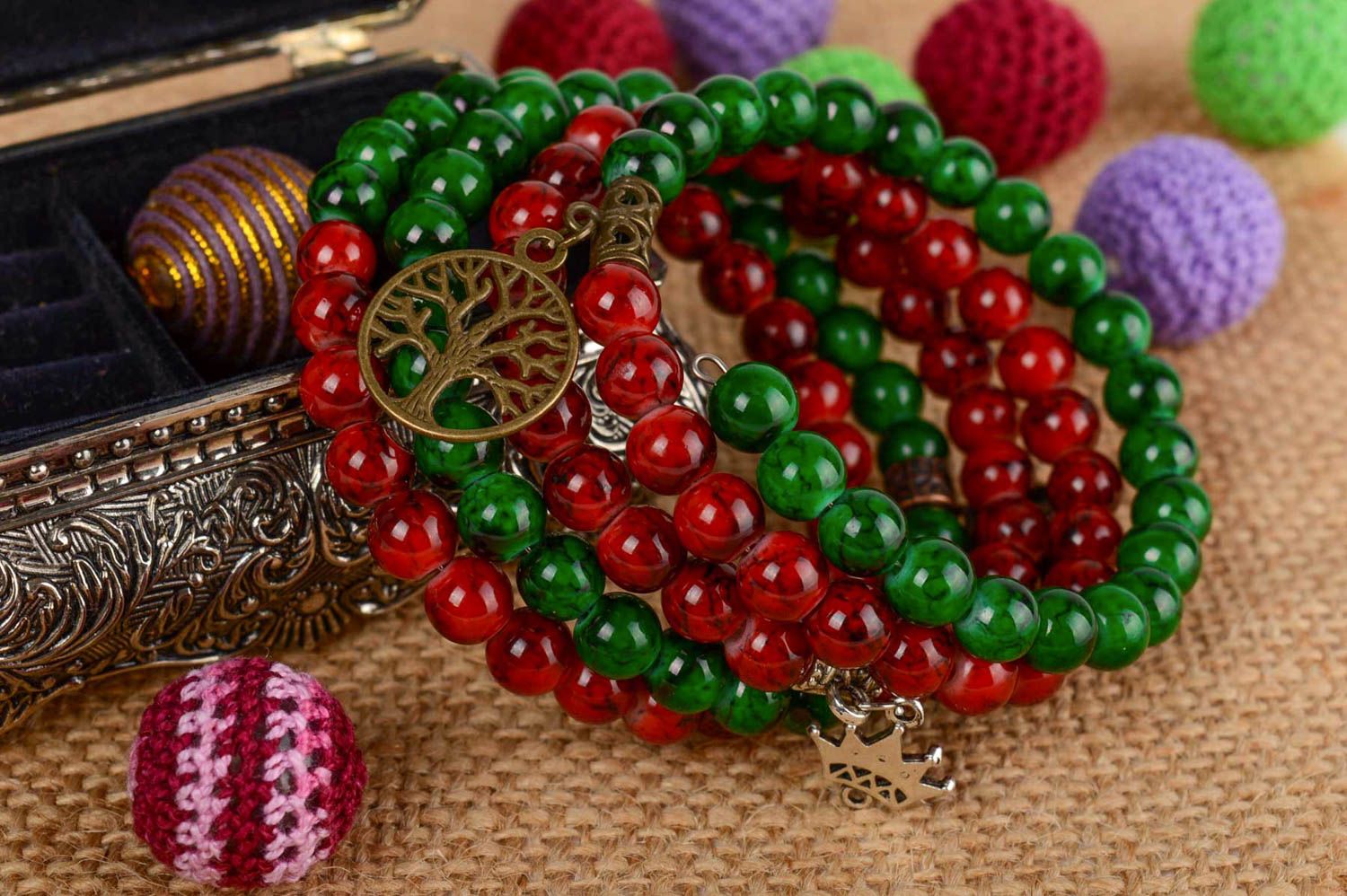 Handmade designer multi row red and green glass beaded wrist bracelet with charm photo 1