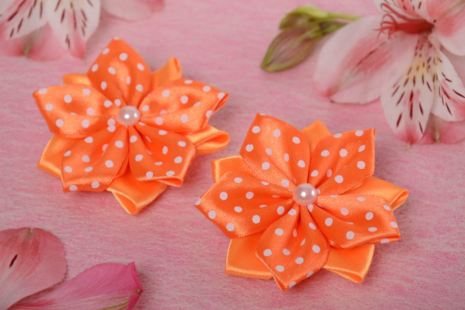 Orange handgemachte Blumen Haarklammern Set für Kinder aus Atlasbändern 2 Stück  foto 1
