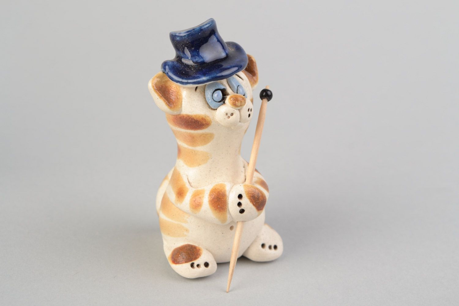 Künstler handmade Deko Figur aus Ton mit Glasur bemalt Katze Zauberkünstler  foto 4