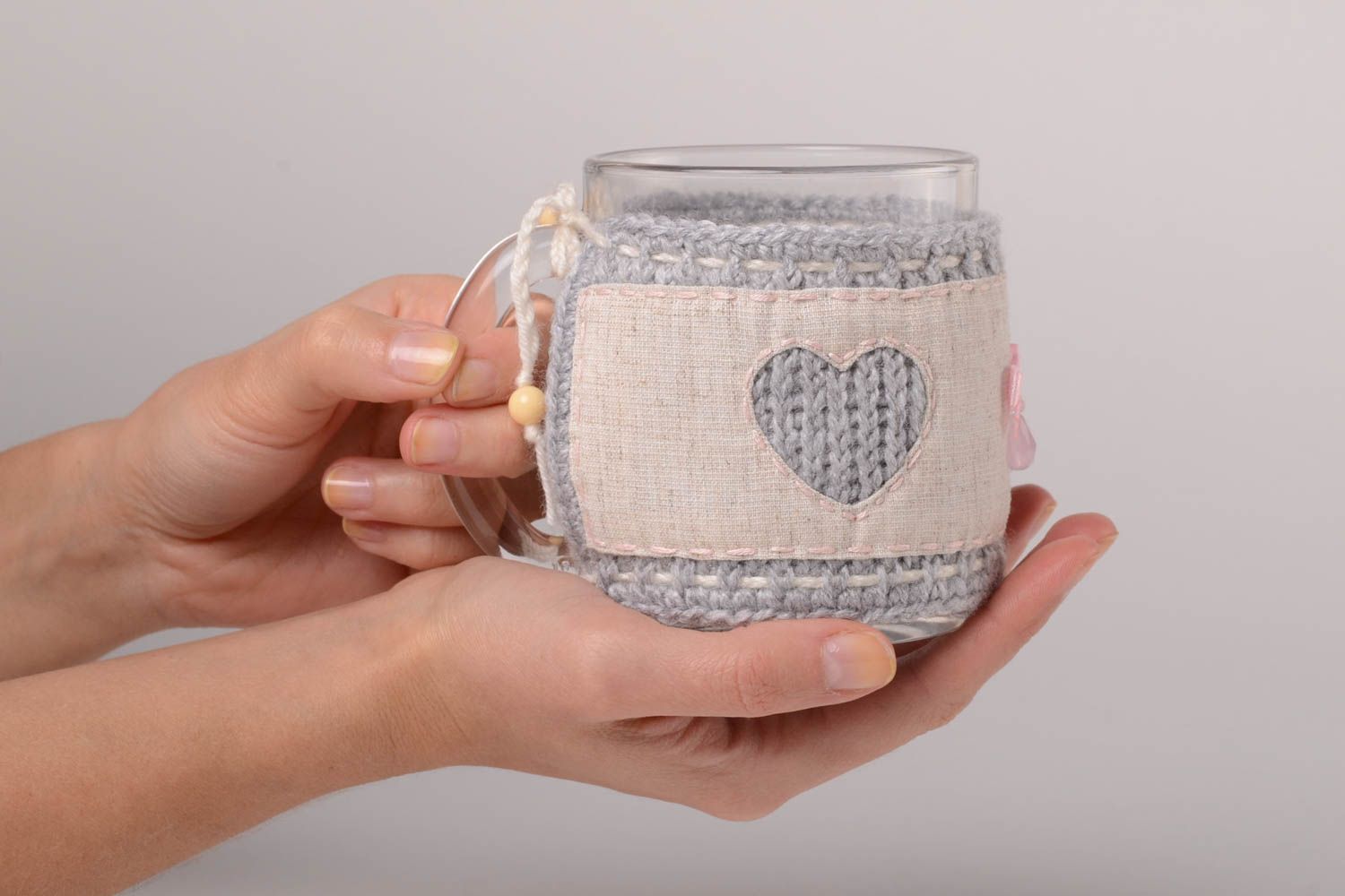 Couvre-tasse tricot fait main Pull pour mug textile au crochet lin fils design photo 2