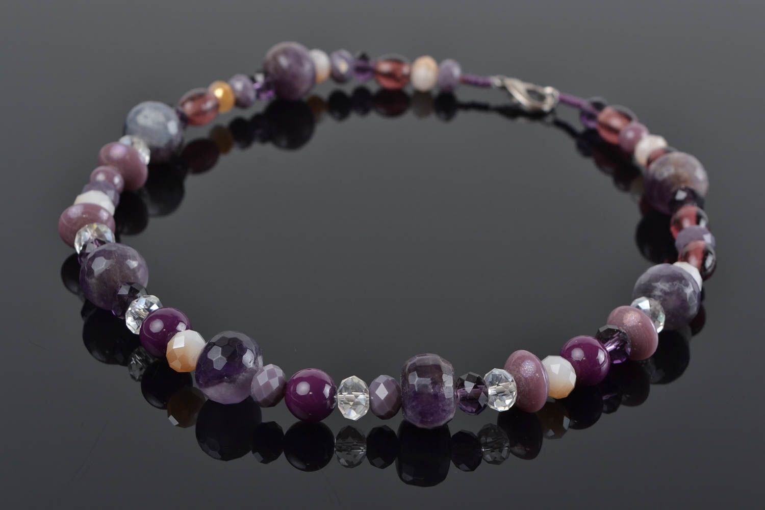 Handmade designer agate crystal and glass beaded necklace in violet color shades photo 1