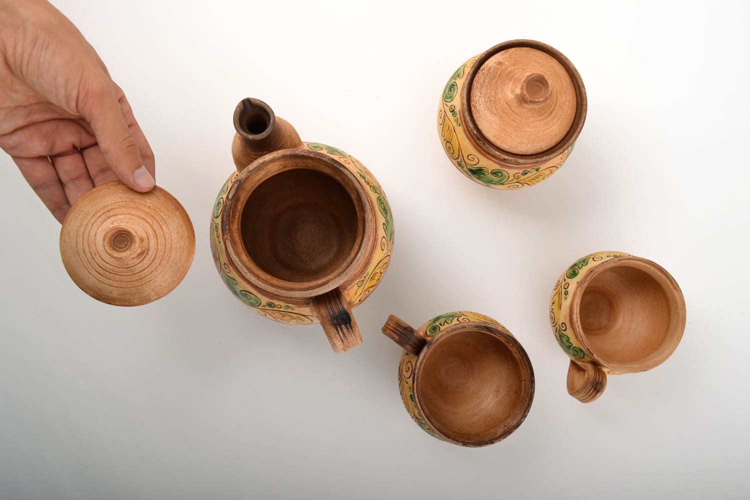 Service à thé céramique fait main 4 pièces marron peint Vaisselle originale photo 4
