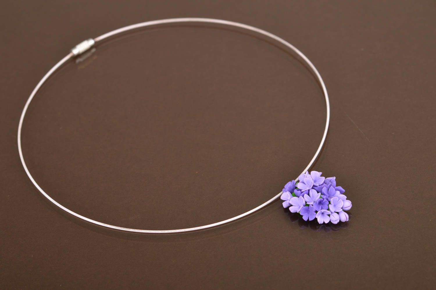Handmade designer necklace with polymer clay tender lilac flowers pendant photo 3