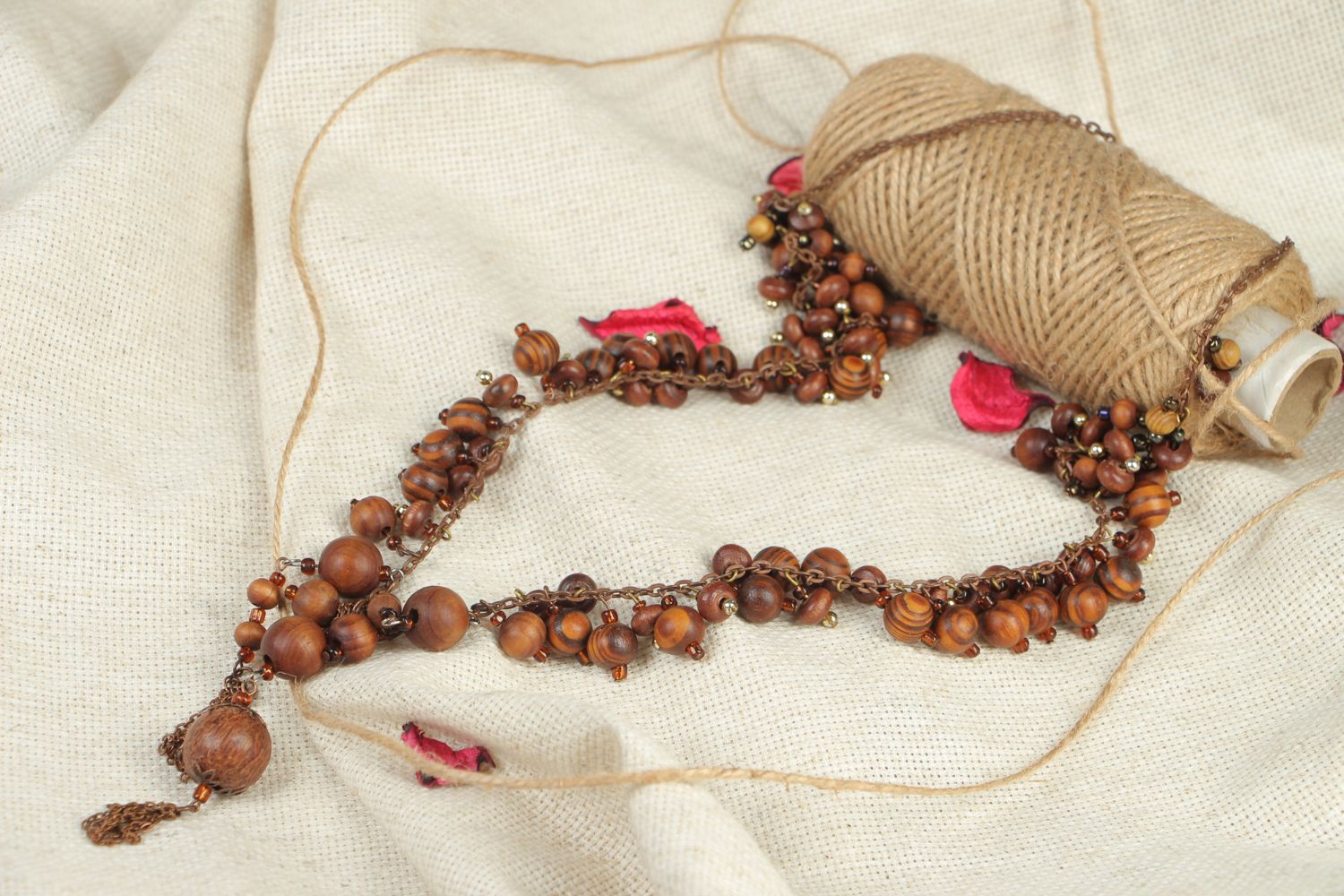 Handmade wooden bead necklace on copper chain photo 5