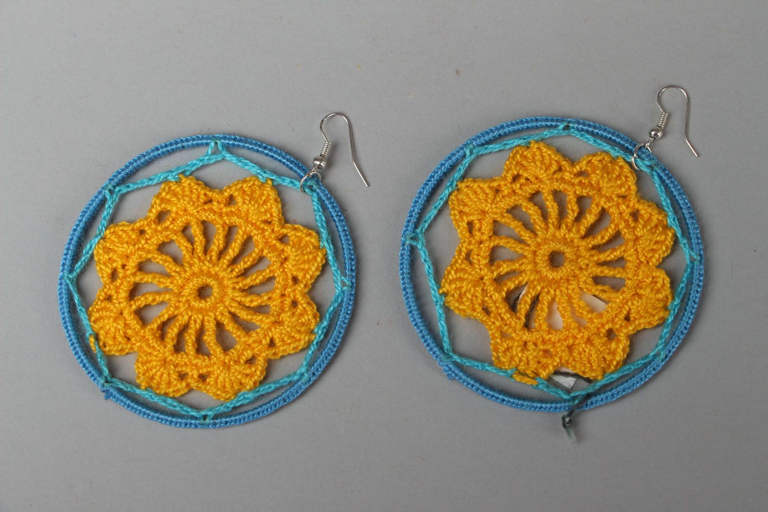 Lacy crochet earrings Yellow and blue photo 1