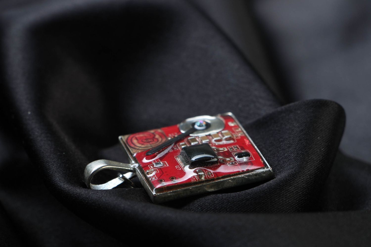 Red cyberpunk metal pendant with mechanism photo 3