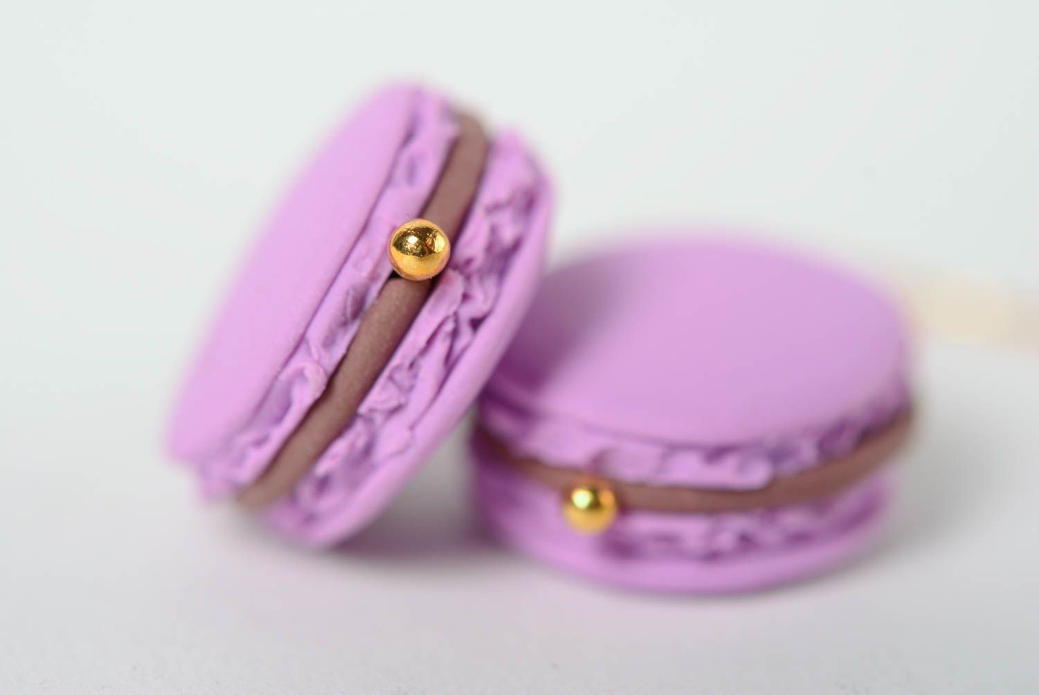 Handmade designer earrings made of polymer clay purple Blueberry Macaroons photo 2
