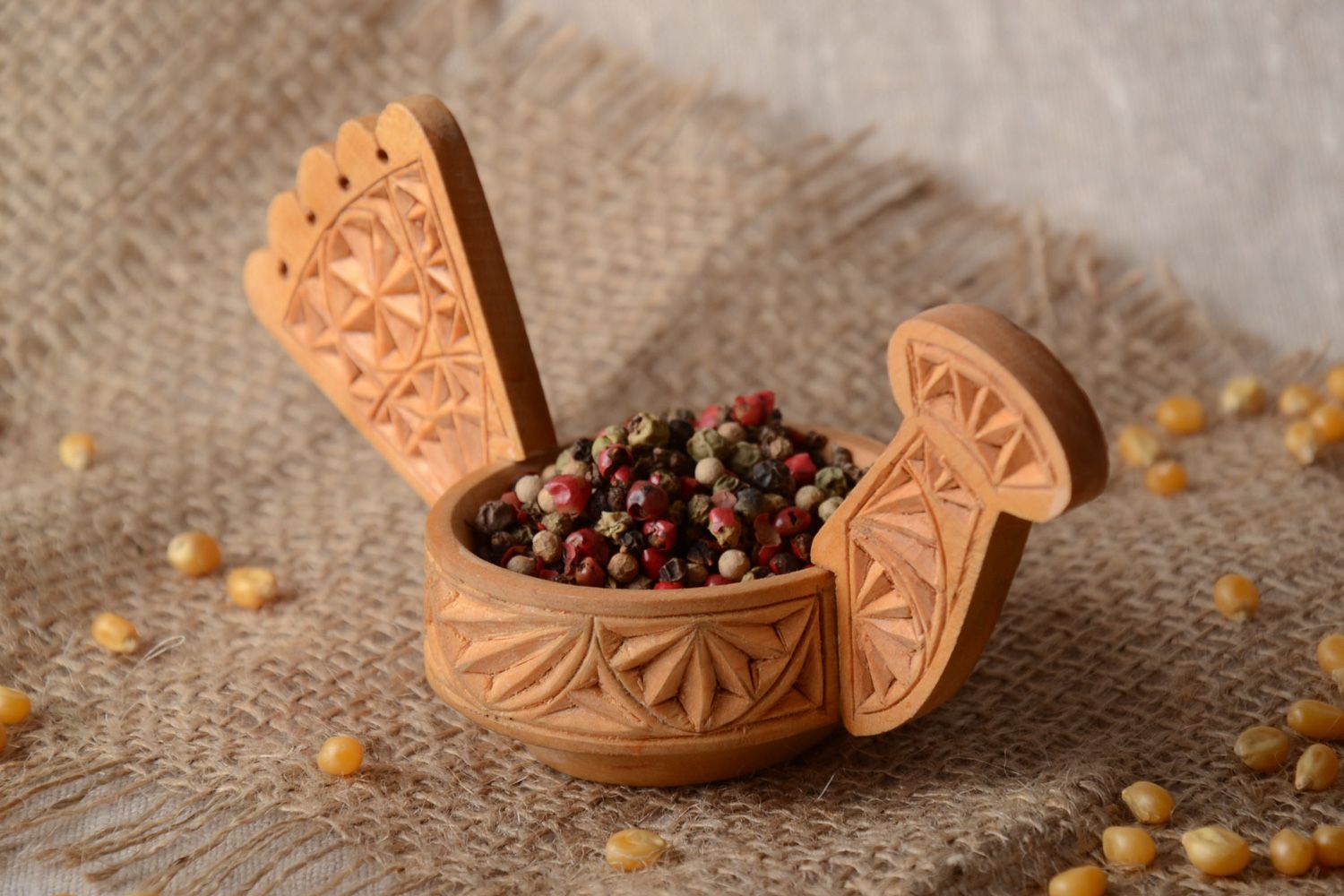 Small handmade varnished carved wooden salt cellar in Slavic style Bird photo 1