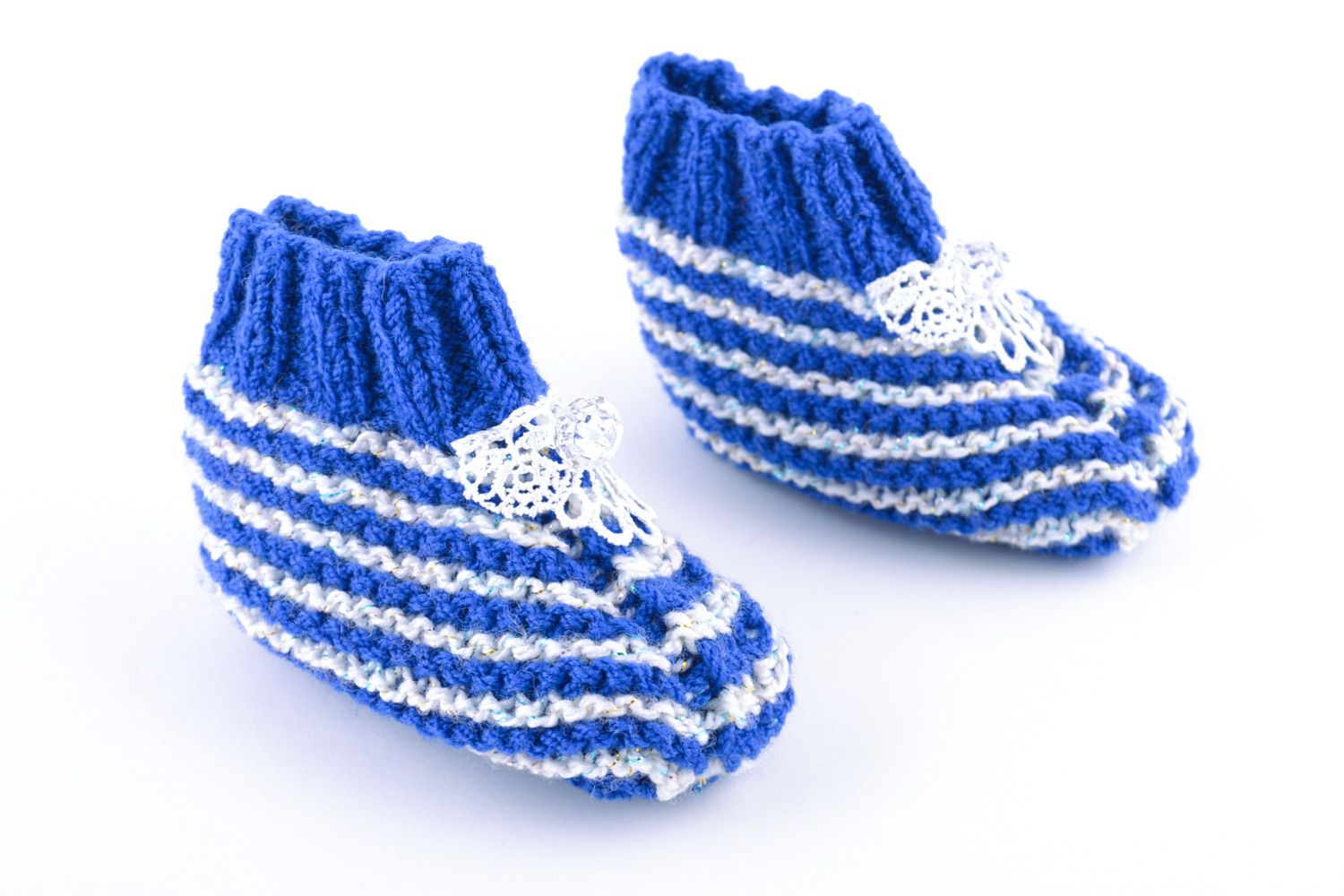 Handmade warm white and blue striped baby booties knitted of natural wool  photo 2