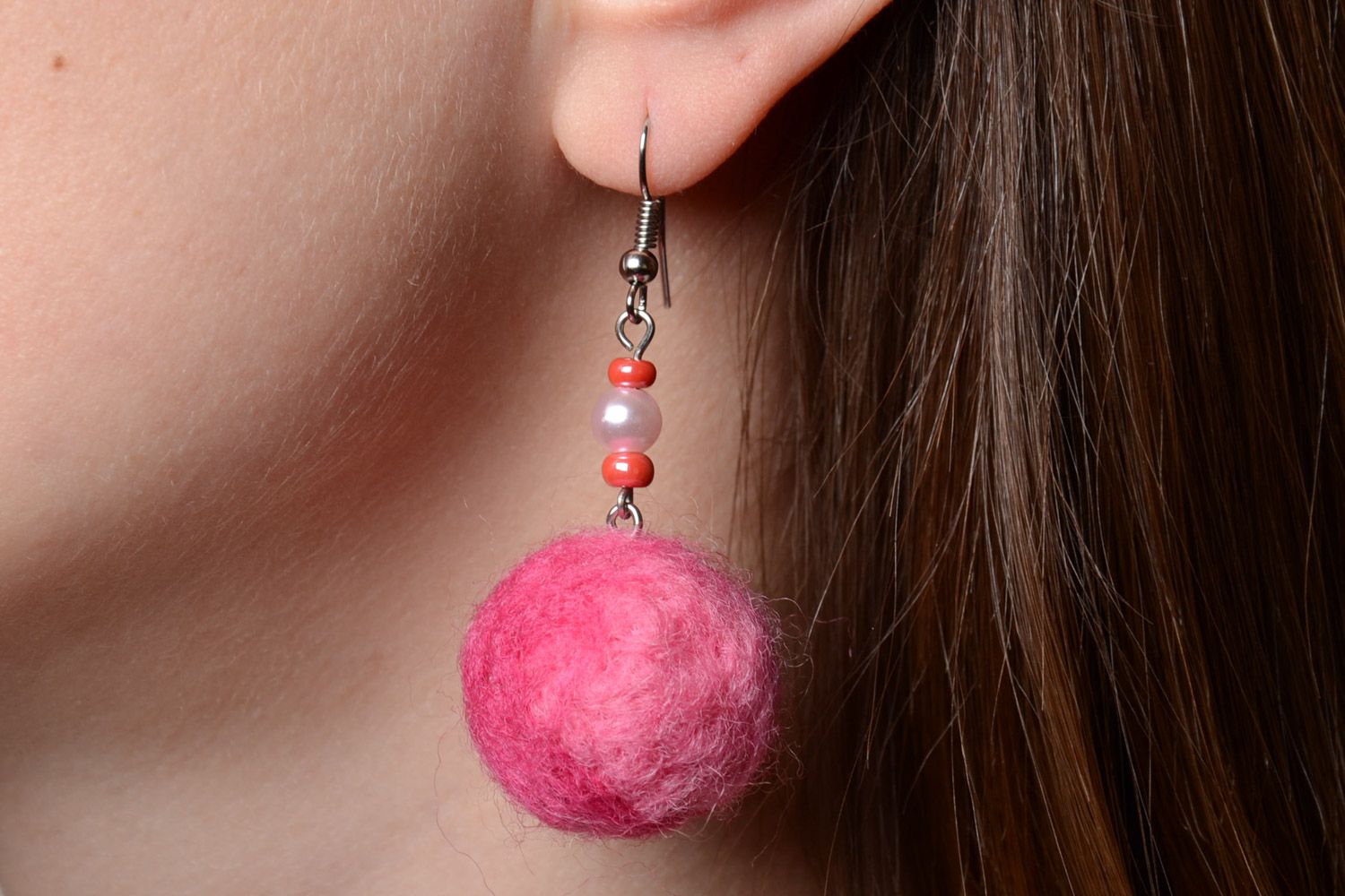 Pink soft handmade felted wool ball earrings for girls photo 1