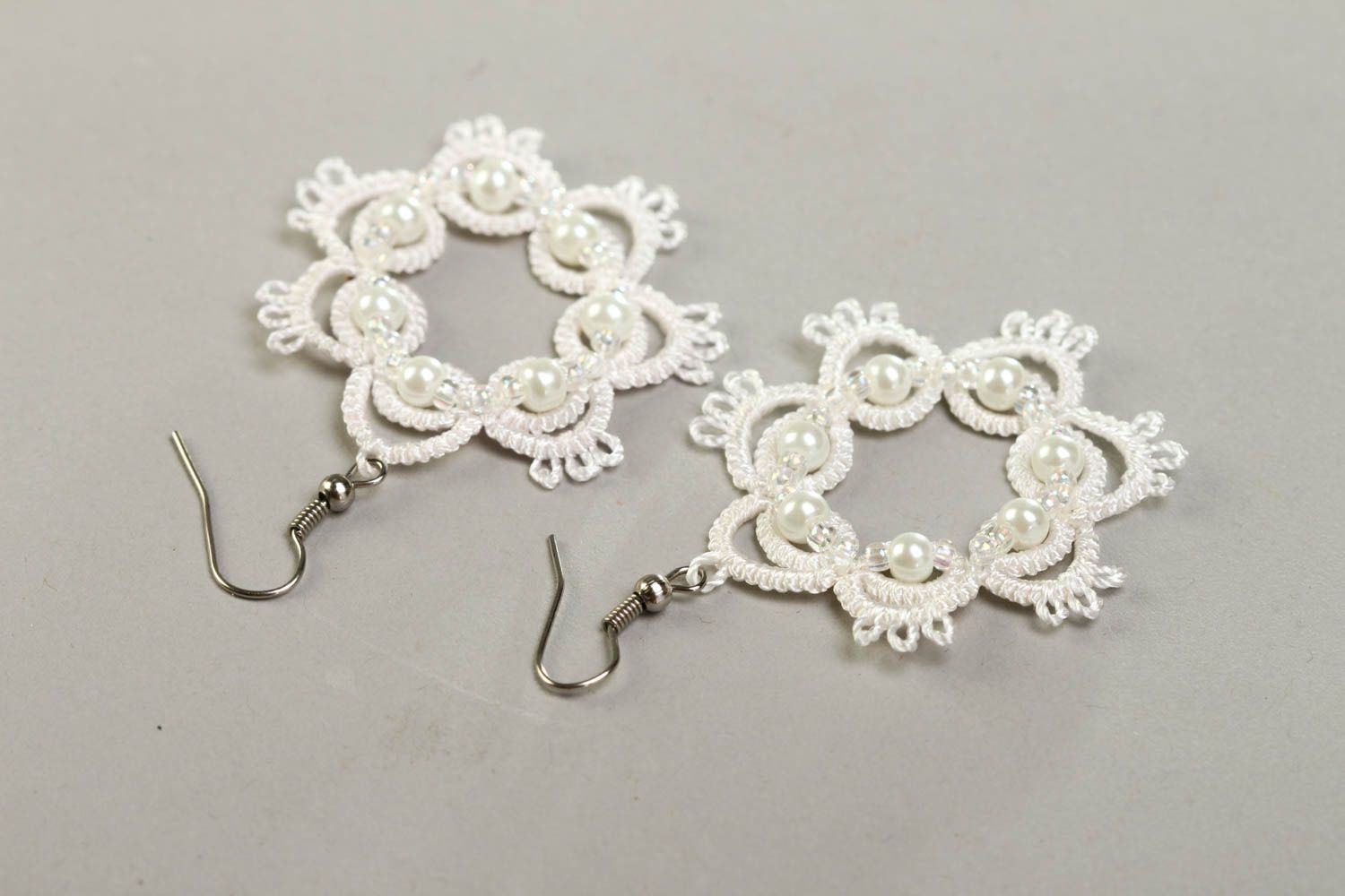 White handmade tatting earrings woven thread earrings accessories for girls photo 4