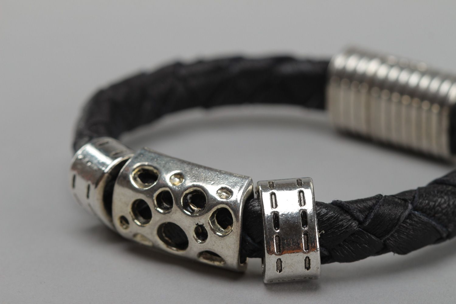 Unisex black and silvery handmade genuine leather bracelet with metal charm photo 3