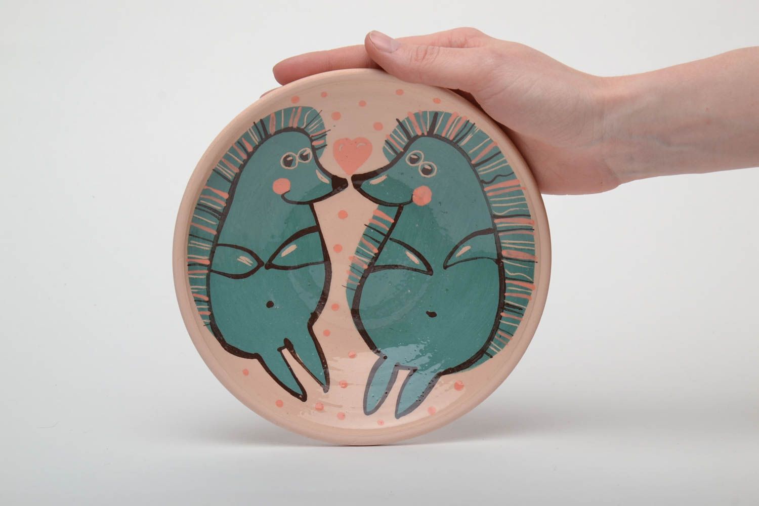 Pink ceramic plate with hedgehogs photo 5