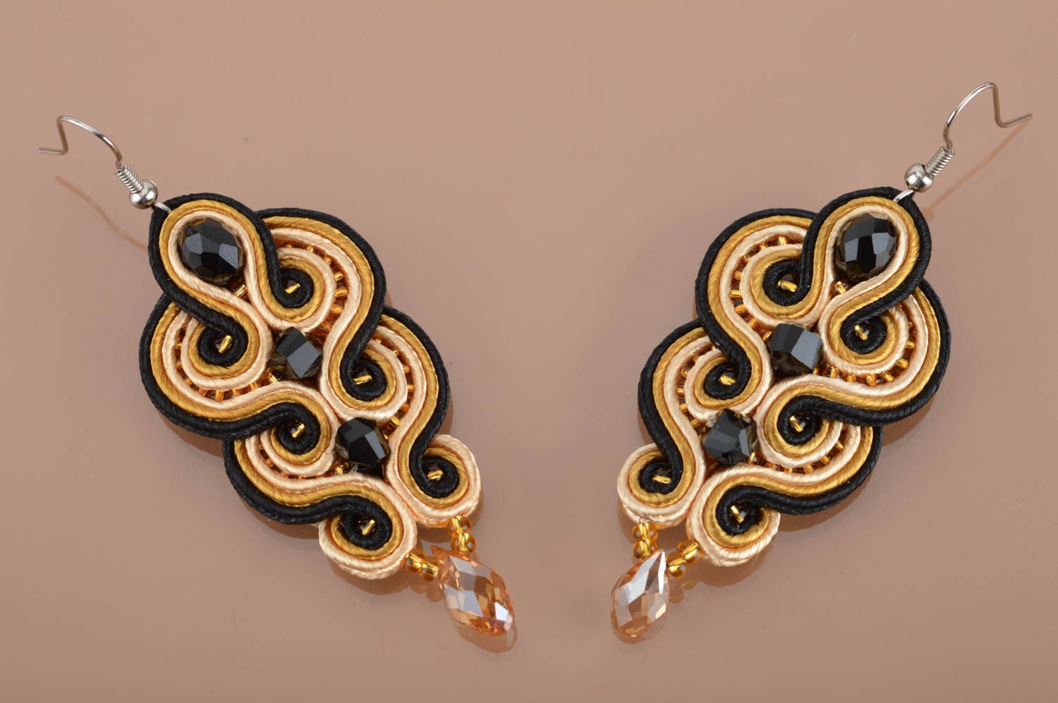 Beautiful long massive handmade soutache earrings with crystals photo 5