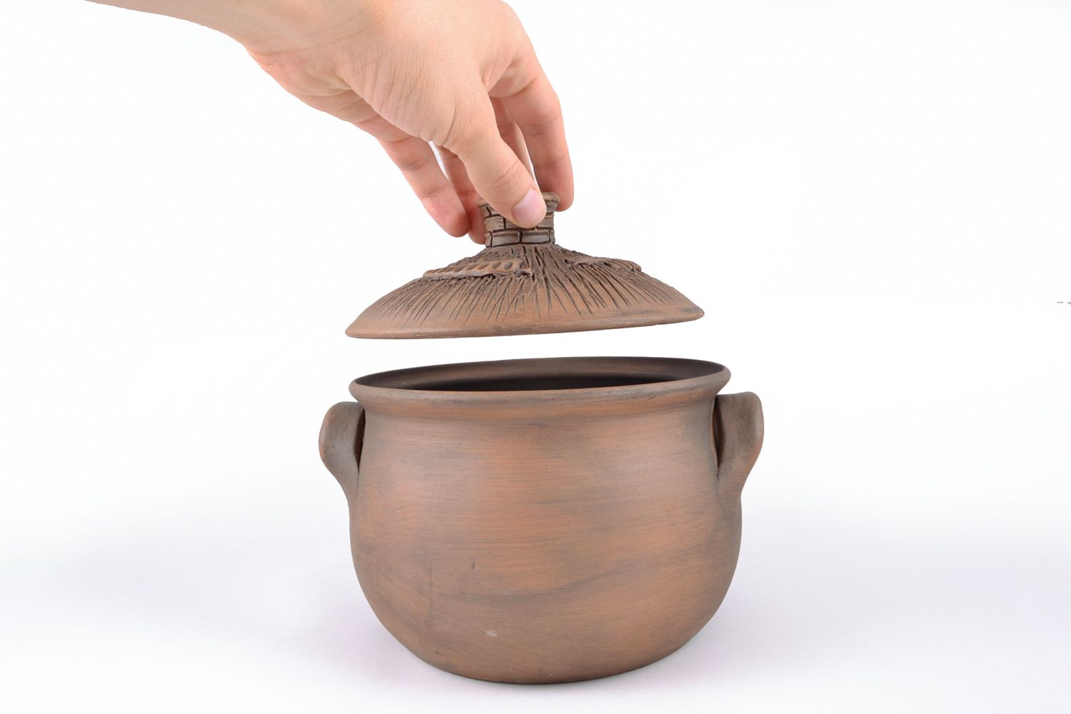 Petit pot en terre cuite avec couvercle marron décoré fait main 2 l pour cuisine photo 2